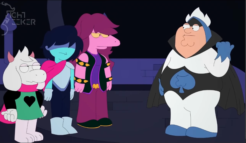 deltarune main cast drawn in the family guy style with peter griffon as lancer