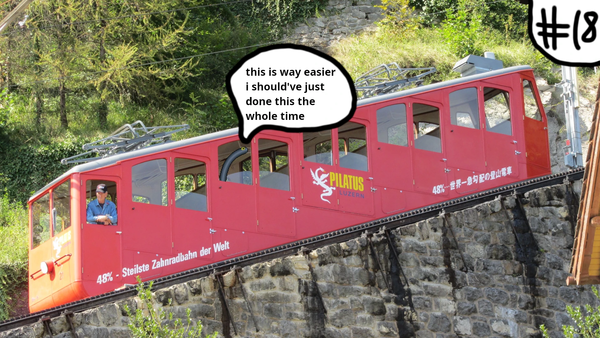 stream announcement card showing an eel on a cogwheel train saying "this is way easier i should've just done this the whole time"