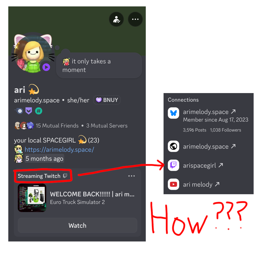 screenshot of a discord user card showing that they are live on twitch, with their status bubble changed to a purple play icon. this "streaming twitch" card is boxed with a "How???" label