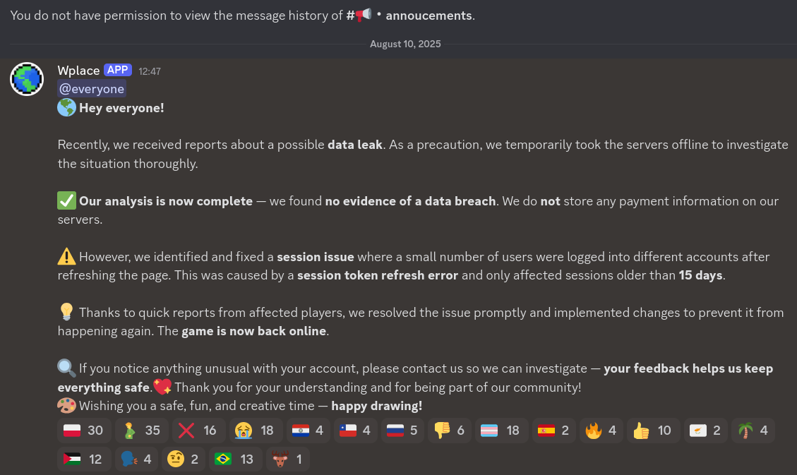 message from wplace
@everyone
🌎 Hey everyone!

Recently, we received reports about a possible data leak. As a precaution, we temporarily took the servers offline to investigate the situation thoroughly.

✅ Our analysis is now complete — we found no evidence of a data breach. We do not store any payment information on our servers.

⚠️ However, we identified and fixed a session issue where a small number of users were logged into different accounts after refreshing the page. This was caused by a session token refresh error and only affected sessions older than 15 days.

💡 Thanks to quick reports from affected players, we resolved the issue promptly and implemented changes to prevent it from happening again. The game is now back online.

🔍 If you notice anything unusual with your account, please contact us so we can investigate — your feedback helps us keep everything safe.💖 Thank you for your understanding and for being part of our community!
🎨 Wishing you a safe, fun, and creative time — happy drawing!